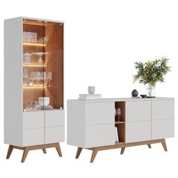 Balcão Buffet Com Cristaleira Rebeca C05 Off White/Freijó - Mpozenato - 1