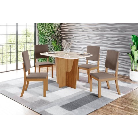 Conjunto Mesa de Jantar Vértice com Vidro e 4 Cadeiras Milla Henn - Nature/off White/amendoa