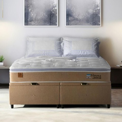 Cama Box Queen e Colchão Molas Ensacadas 158cm x 198cm Verona Cor:Linho Marrom