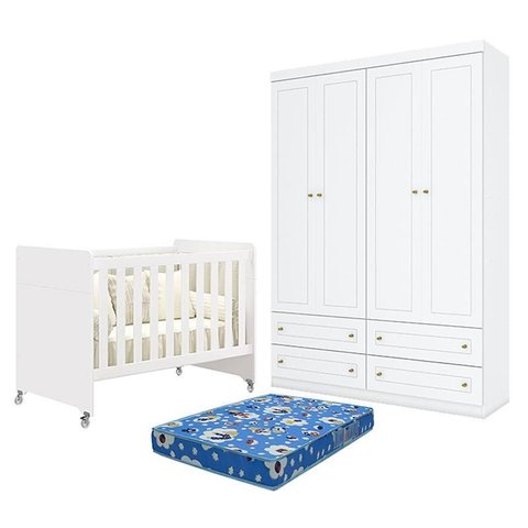 Berço Americano Evolution 4 em 1 Branco Acetinado e Guarda Roupa Infantil Americano 4 Portas Branco 