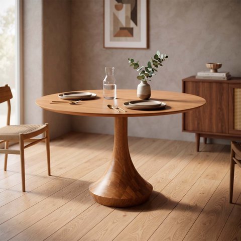 Mesa Redonda Mahal 4 Lugares Base Madeira Maciça Tampo com Lâmina Natural 120 cm Cor Champagne