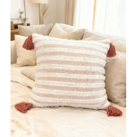 Capa de Almofada Rustica em Algodão Listras com Pompom Terracota/cru