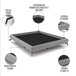 Cama Queen Base Box 158x198cm Pés de Ferro Cold P02 Veludo Cinza - Mpozenato - 3