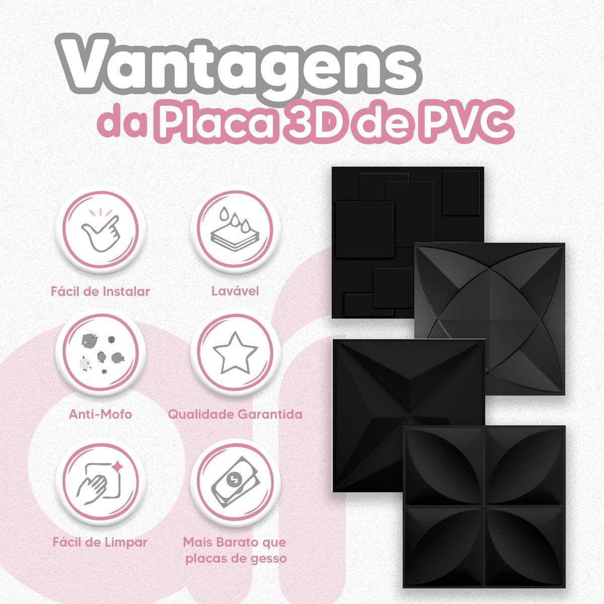 50 Placas PVC 3d Revestimento de Parede Decorativa Mini Dakar Alto relevo Preto Quarto Sala Cozinha  - 6