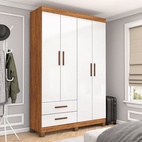 Guarda-Roupa 4 Portas 2 Gavetas com Pés Genova Branco/Cinamomo