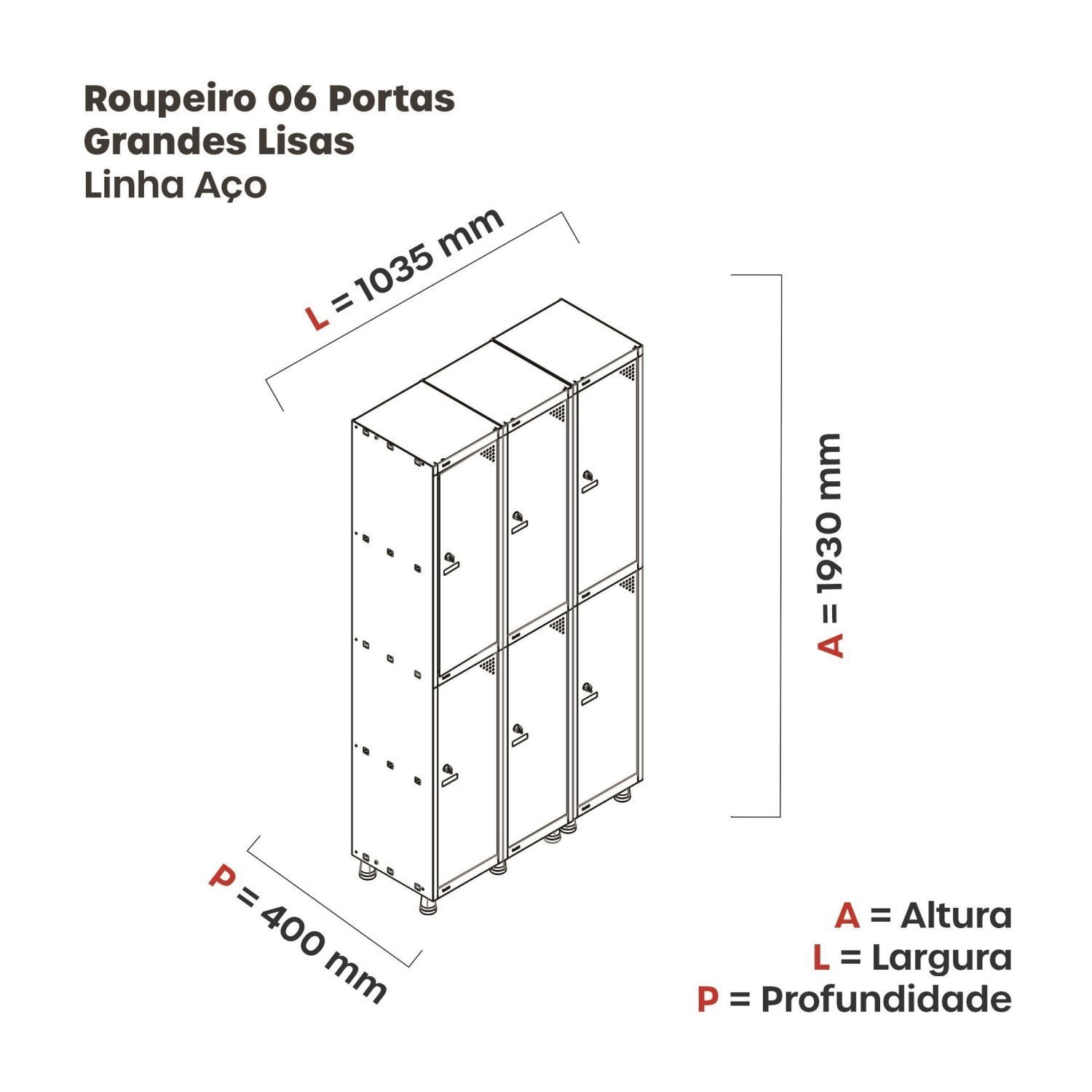 Armário Roupeiro 6 Portas Aço Pitão GRP 503/6  - 3