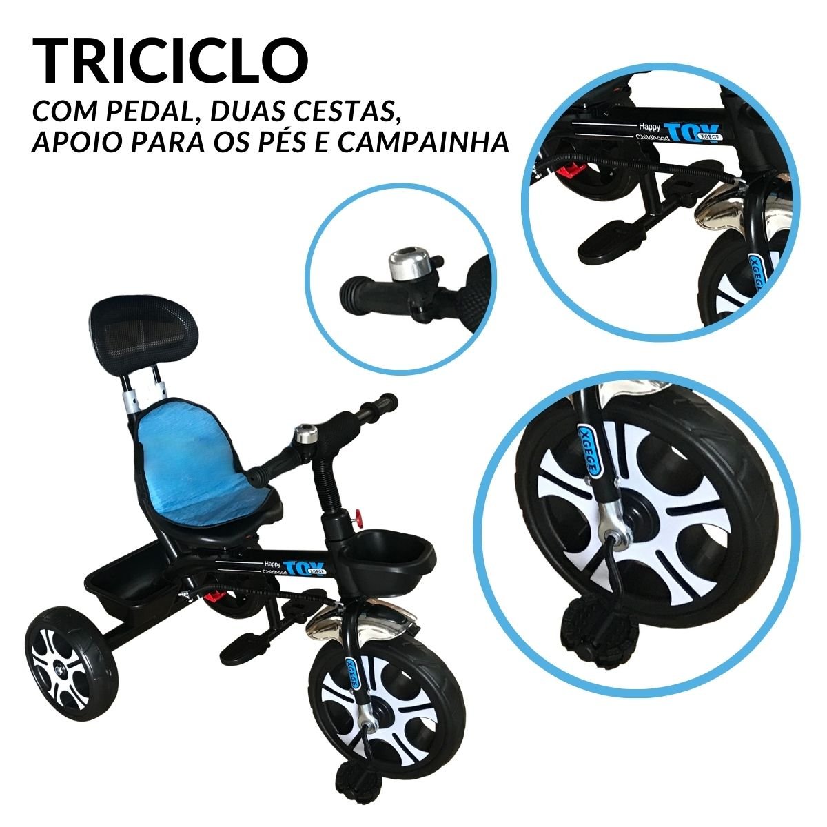 Triciclo Infantil Passeio Criança 2 em 1 com Pedais Capota Reclinável e ...