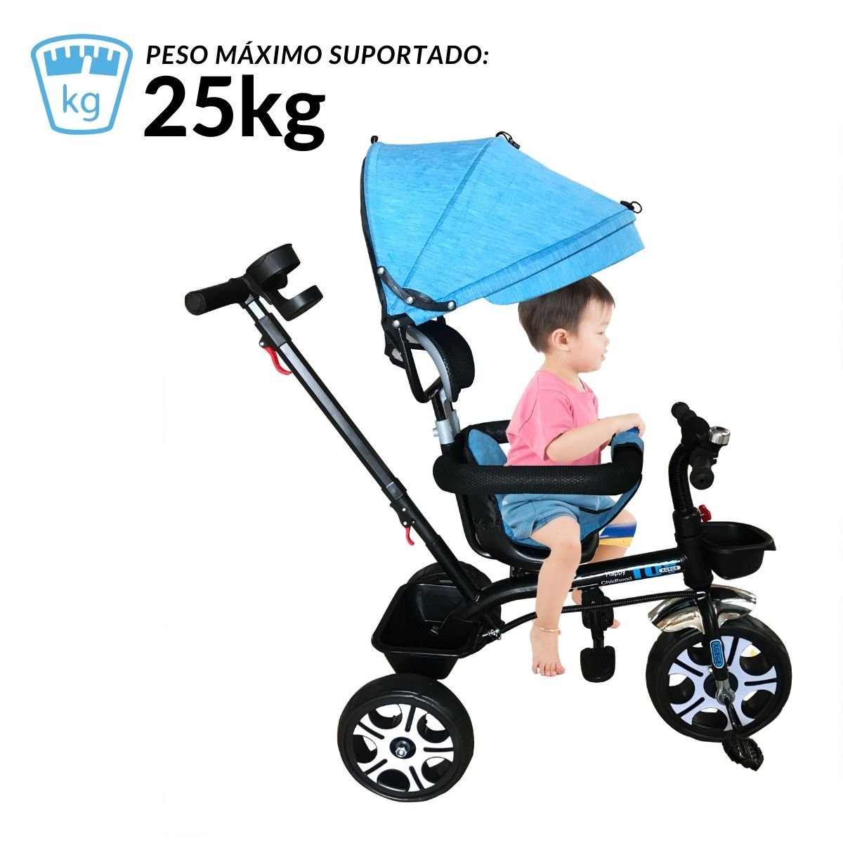 Triciclo Infantil Passeio Criança 2 em 1 com Pedais Capota Reclinável e ...