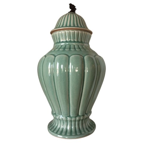 Potiche Decorativo Porcelana Verde Celadon Craquelada Puxador Passarinho 49cm Columbus Gold