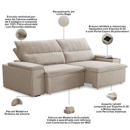 Sofá Retrátil Reclinável para Sala 3 Lugares 225cm Ricci F04 Linho Bege - Lyam Decor - 3