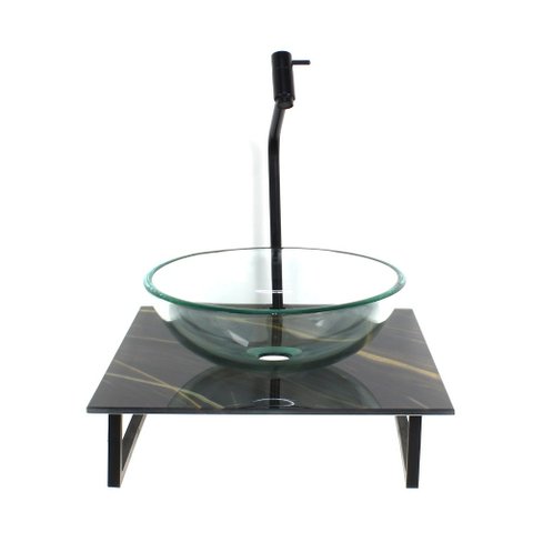 Gabinete de Vidro com Cuba Redonda Incolor com Tampo de Vidro 40cm X 40cm Mármore Preto Dourado Mais