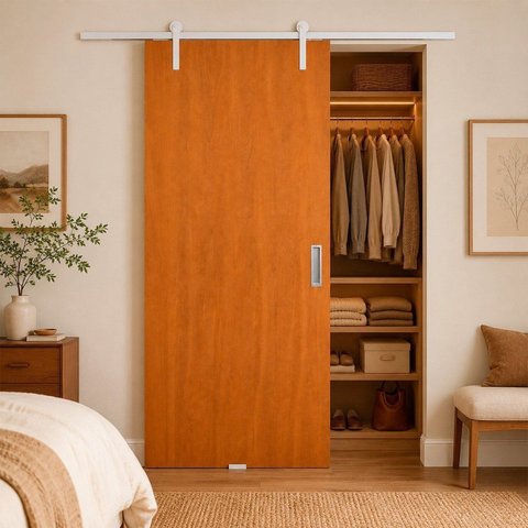 Porta Correr Lisa Padrão Imbuia Trilho Aparente Concha 82x210cm Direito Marrom Rodam