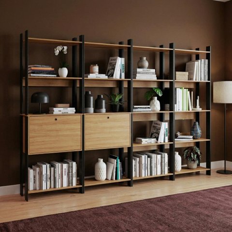 Estantes Escritório Home Office 252x178cm com 20 Prateleiras Mel/Preto