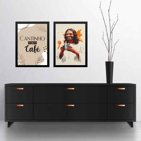 Kit 2 Quadros Cantinho do Café Cristão - Jesus 24x18cm - com Vidro:moldura Preta