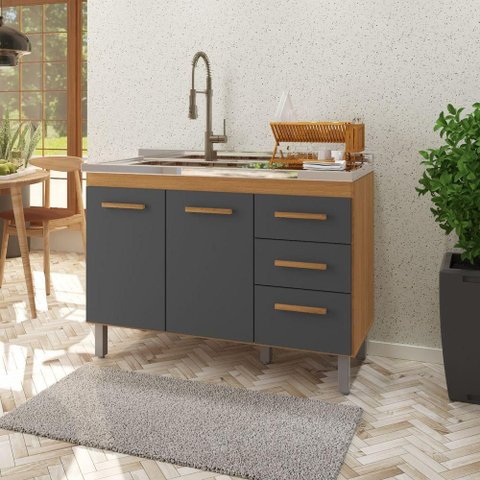 Gabinete de Cozinha Aurora 2 Portas 3 Gavetas MDP 118cm Cinza