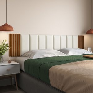 Cabeceira de Cama King 10 Módulos Estofados Corino Branco e 2 Módulos Ripados Mdf
