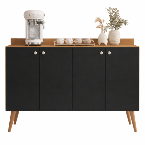 Aparador Buffet Preto com 4 Portas Retrô com Pés Palito