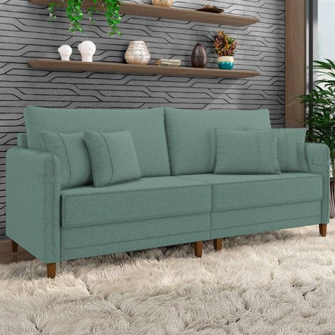 Sofá 3 Lugares Living 232cm Pé Madeira Zoe Linho Verde Z08 - Mpozenato