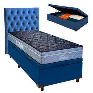 Conjunto Cama Box Bau Azul Solteiro + Colchão Molas Ensacadas Petrus Paropas + Cabeceira