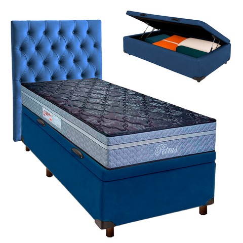 Conjunto Cama Box Bau Azul Solteiro + Colchão Molas Ensacadas Petrus Paropas + Cabeceira