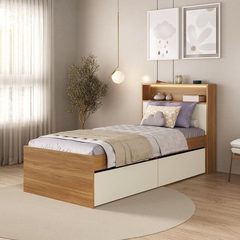 Cama de Solteiro 2 Gavetas e Cabeceira Nicho com LED 100% MDF Aurora Yescasa Marrom/Carvalho Hanover/Argila