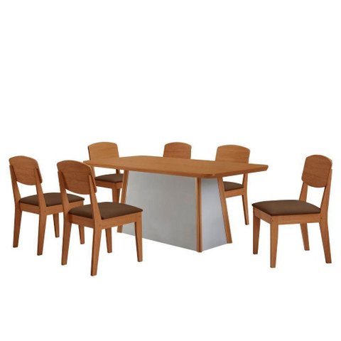 Mesa de Jantar Diane 180cm Tampo Mdf Canto Copo e 6 Cadeiras Veludo Marrom/naturale/off White