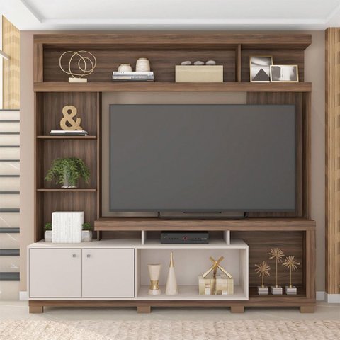 Home Estante Rio 210cm Tv até 65 com Prateleiras Mdp/hdf Nogueira/offwhite G11 - Gran Belo
