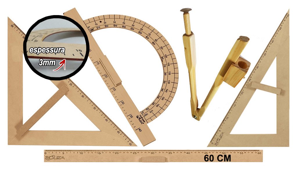 CONJ 3 Kit Geométrico do Professor Mdf Com 3 Régua 60 cm, 3 Compasso Para Quadro Branco, 3 Esquadro 