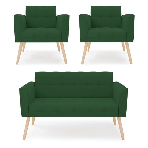 Kit 1 Sofá Namoradeira e 2 Poltronas Elisa Veludo Verde Pés Palito Natural - D’Rossi