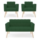 Ver imagem 1 de Kit 1 Sofá Namoradeira e 2 Poltronas Elisa Veludo Verde Pés Palito Natural - D’Rossi