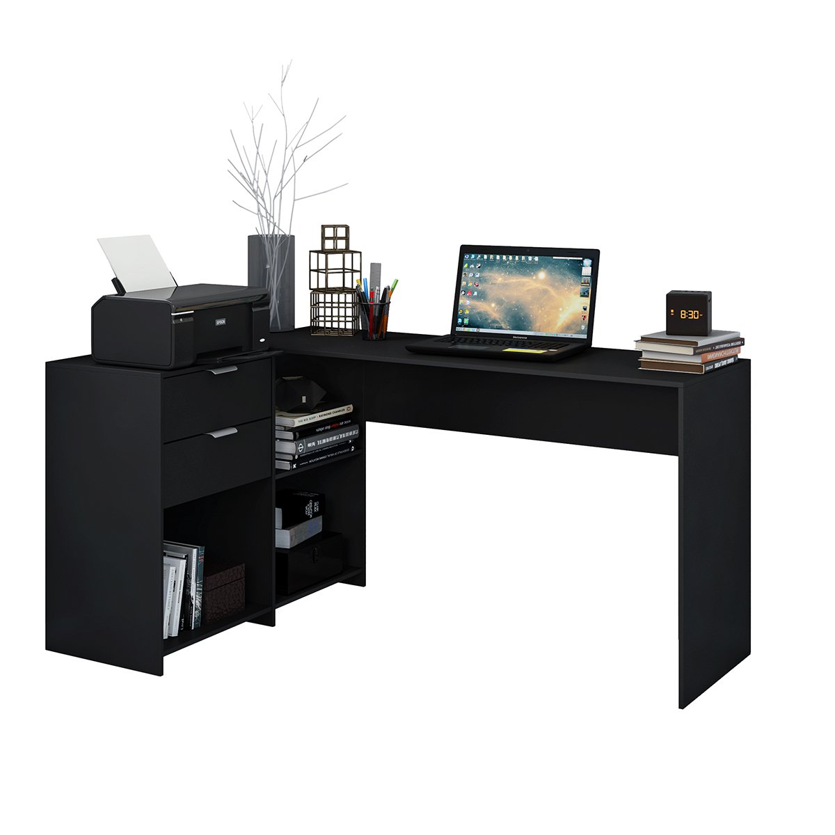 Escrivaninha Mesa para Computador Office em L Durango 2 Gavetas e 3 Nichos 135cm Cor:preto