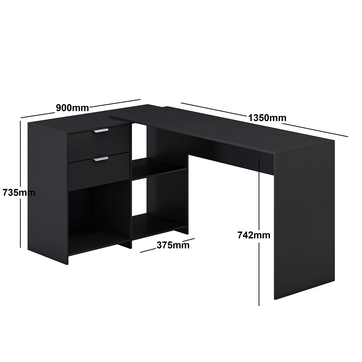 Escrivaninha Mesa para Computador Office em L Durango 2 Gavetas e 3 Nichos 135cm Cor:preto - 3