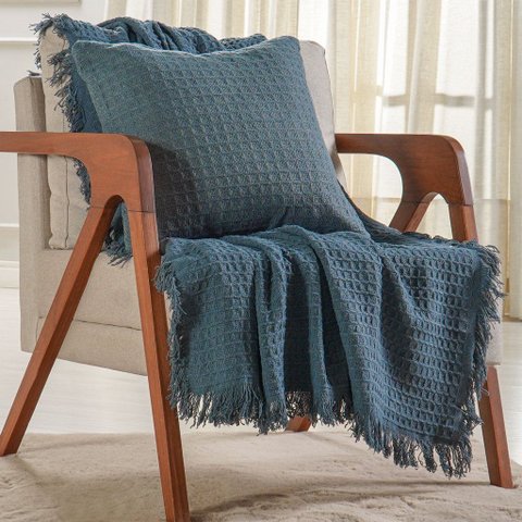 Manta Decorativa para Sofá Waffle 100% Algodão 120x150cm Azul Cobalt