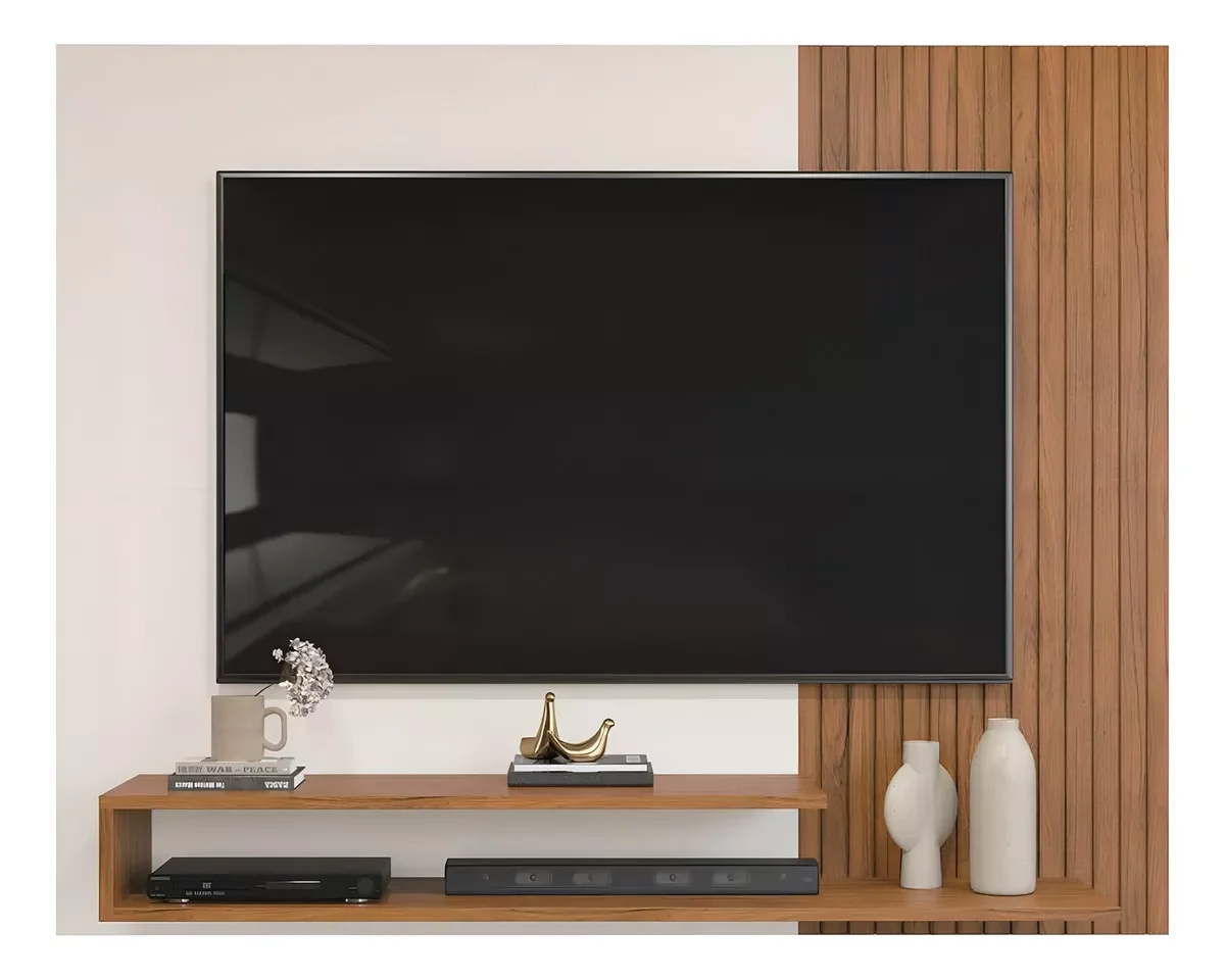 Painel Suspenso para Tv até 50 Polegadas Moderno Ripado Rack Premium Quarto e Sala Freijo/off White