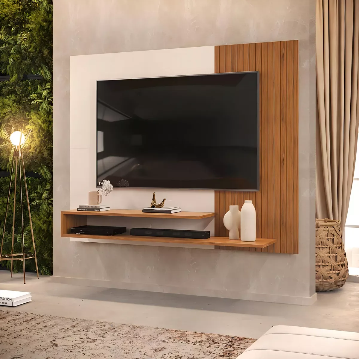 Ver imagem 3 de Painel Suspenso para Tv até 50 Polegadas Moderno Ripado Rack Premium Quarto e Sala Freijo/off White