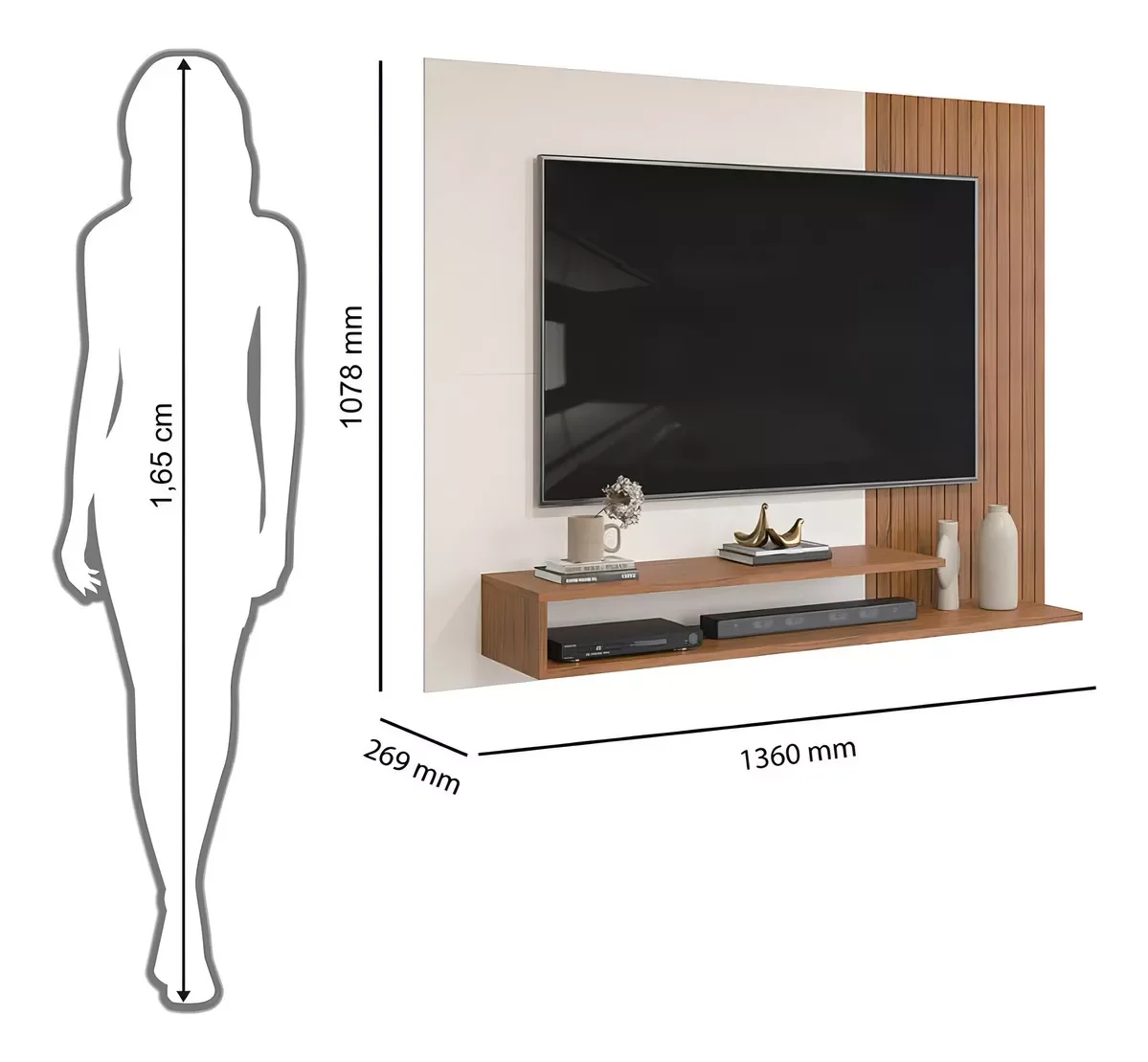 Painel Suspenso para Tv até 50 Polegadas Moderno Ripado Rack Premium Quarto e Sala Freijo/off White - 2