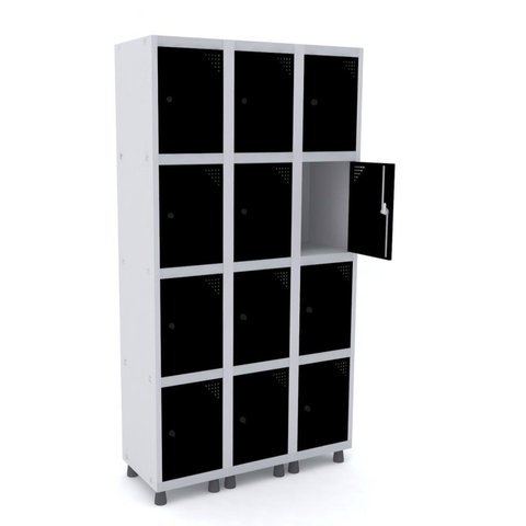 Armário Guarda Volume Locker Roupeiro 12 Portas Aço Grp 503/12 Cinza e Preto
