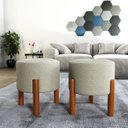 Ver imagem 2 de Kit Puff Lucca Bege Pés Palito Decorativo Recepção Redondo em Linho Cru