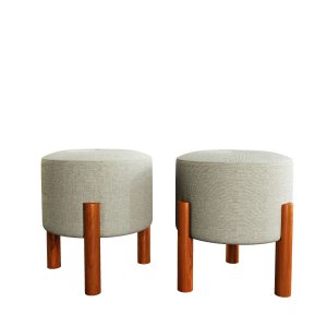 Kit Puff Lucca Bege Pés Palito Decorativo Recepção Redondo em Linho Cru