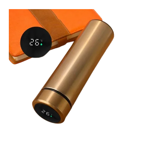 Garrafa Térmica Portátil 500ml Termômetro Aço Inox Tampa Touch Led Cor: Dourado