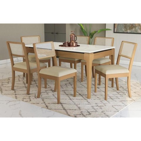 Sala Jantar Mesa Mira Premium Madeira Maciça C/ Tampo Madeirado C/ Vidro 160x90cm e 6 Cadeiras Lola