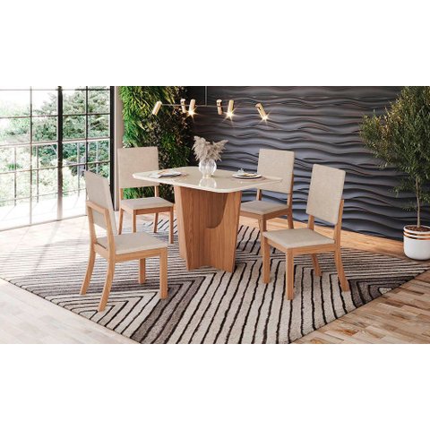 Conjunto Mesa de Jantar Vértice com Vidro e 4 Cadeiras Milla Henn - Nature/off White/linho