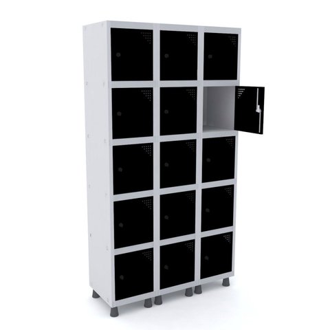 Armário Locker Roupeiro 15 Portas Aço Grp 503/15 Movei Preto/Cinza