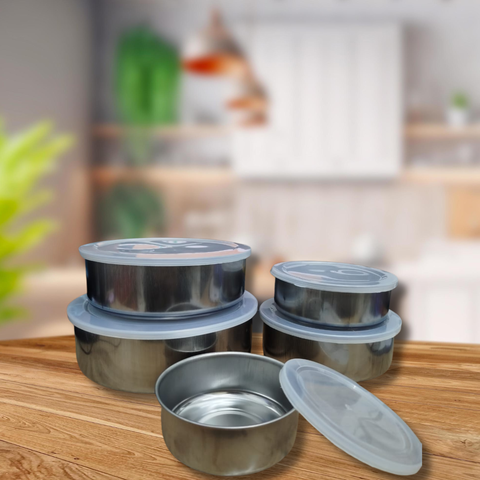 Kit 5 Tigelas Inox Pote C/ Tampa de Plástico Cozinha Alimentos Armazenamento Prateado Resistente