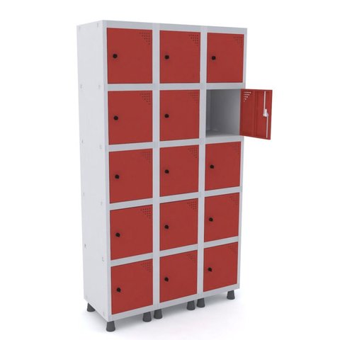 Armário Guarda Volume Locker Roupeiro 15 Portas Aço Grp 503/15 Vermelho e Cinza