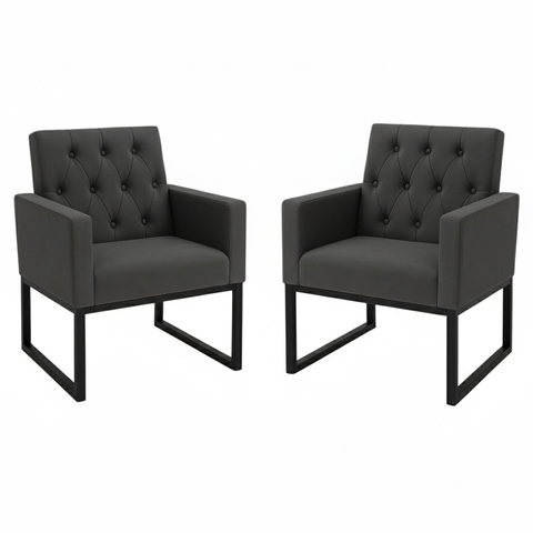 Kit 2 Poltronas Decorativas Reforçada Recepção Base Ferro Cinza-escuro