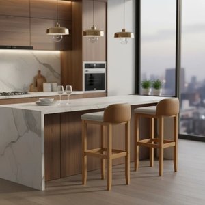 Conjunto Cozinha Alto Padrão 4 Banquetas Exclusiva Encosto Confortável Quadrado Acabamento Couro