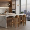 Ver imagem 1 de Conjunto Cozinha Alto Padrão 4 Banquetas Exclusiva Encosto Confortável Quadrado Acabamento Couro
