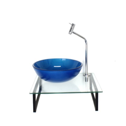 GABINETE DE VIDRO COM CUBA REDONDA AZUL ESCURO TAMPO 40CM INCOLOR MAIS TORNEIRA METAL