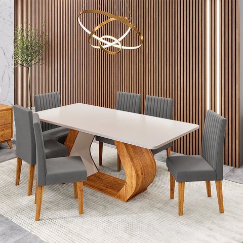 Conjunto Sala de Jantar 6 Lugares Retangular Tampo em MDF Mimos Yescasa Cinza/Mel/Blonde